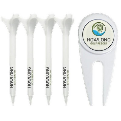 Divot Tool with removable magnetic ball marker and (4) 2-3/4" reusable plastic golf tees