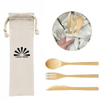 Eco-Friendly Bamboo Cutlery Set with Drawstring Pouch