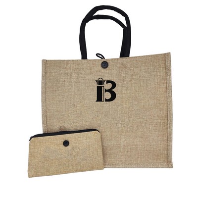 Spacious Linen Cotton Beach Tote Bag w/ Wallet