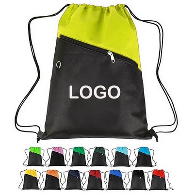 Front Zipper TwoTone Drawstring Backpack