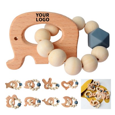 Natural Beech Wood Baby Teething Rattle Toy