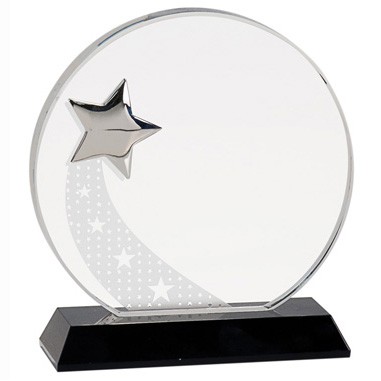 Round Crystal Award w/ Silver Star & Black Pedestal Base (8 1/4")