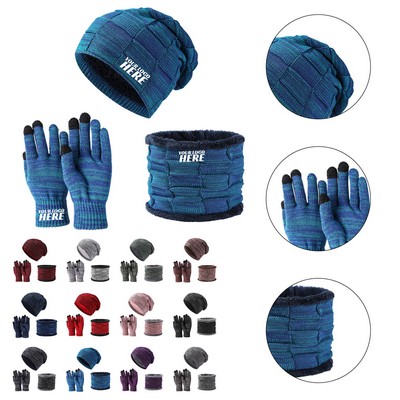 Women Beanie Hat Scarf Glove Warm Set