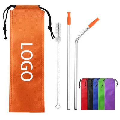 Stainless Steel Metal Straws w/Storage Bag & Cleaning Brush