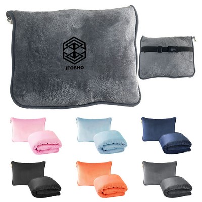 2" 1 Portable Compact Travel Flannel Fleece Plush Blanket with Soft Pillow