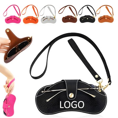 Portable PU Leather Sunglasses Holder Case w/Wrist Strap & Neck Rope Lanyard