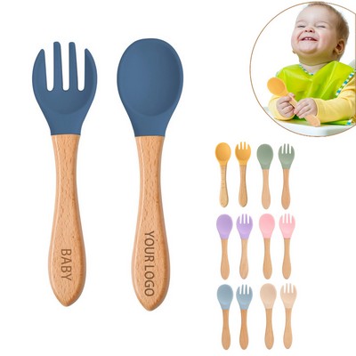 Baby Wooden Handle Silicone Spoon and Fork Set