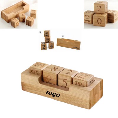 Bamboo Wooden Perpetual Block Calendar for Desk