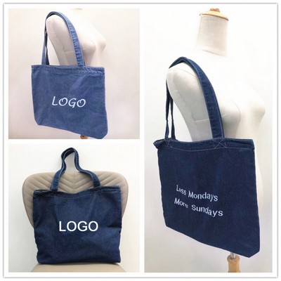 Denim Tote Bag Casual Style, Top Zipper Closure