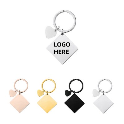Square Stainless Steel Keychain w/ Heart-shaped Accessory