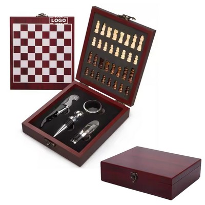 Black Wooden Wine Accessories Set with Chess Game in Box