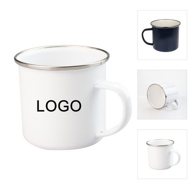 12Oz White Enamel Mug Silver Rim With Case