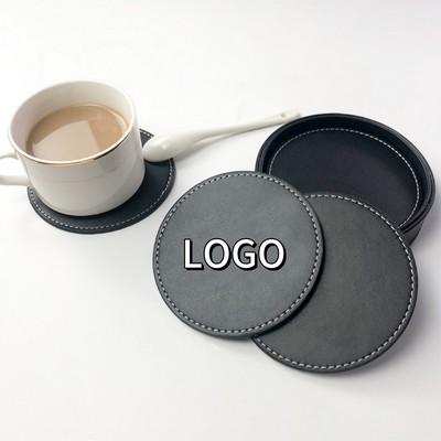Pu Leather Round Coaster Set-6Pcs