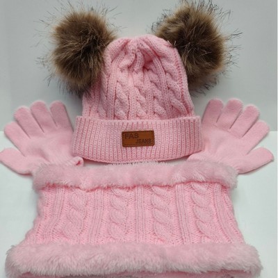 Knitted Hat Neck Warmer and Gloves 3 Pieces Set for Kids