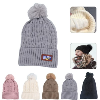 Winter Chunky Knit Beanie Hat with a pompom