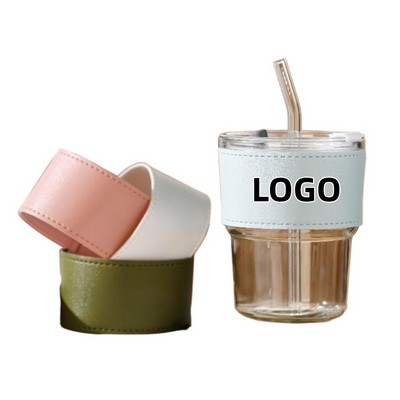 13oz Custom PU Leather Joint Glass Straw Cup Minimalist Style w/Lid