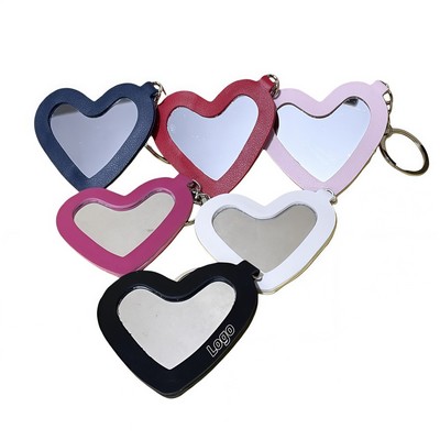 Heart-Shaped Leather Wrapped Mirror Keychain with Stainless Steel Frame for Women
