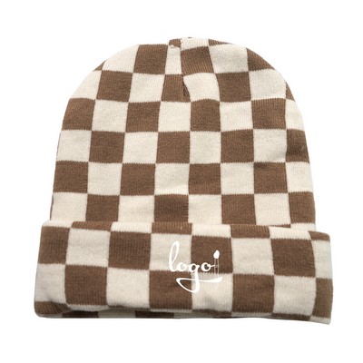 Checkered Pattern Knit Beanie Hat