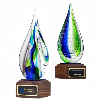 Glass Teardrop Award w/ Solid Wood Base, 3.54" x 11.41"