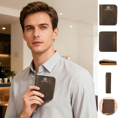Men Crazy Horse Leather Bifold Short Wallet with Snap Button