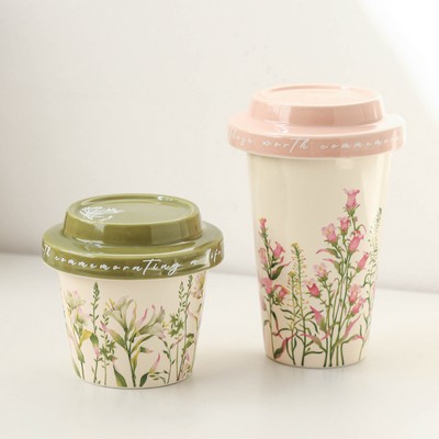 Spring Lily of the Valley Windchime Series Handleless Ceramic Coffee Mug with Lid Large Capacity