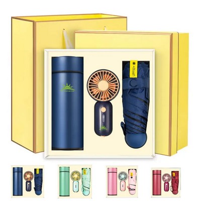 3pcs Business Gift Set Umbrella USB Fan Water Bottle With Box