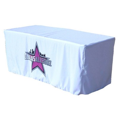 8ft White Fitted Table Cover w/ front Logo- (8'x30"x29")