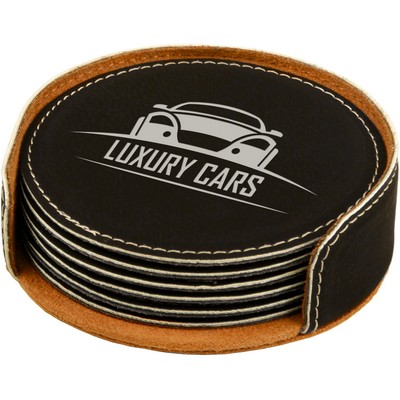 Coaster Set - Leatherette - Black/Engraves Silver