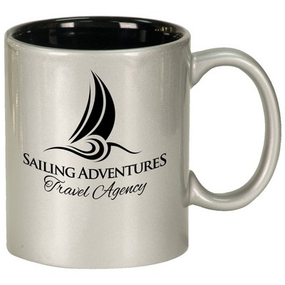 Silver Ceramic Mug, Engraved, 11 oz