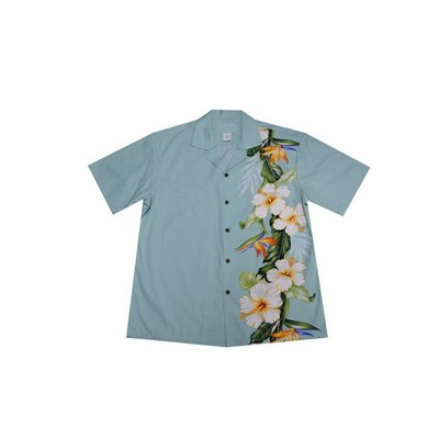 Green Hawaiian Vertical Border Print Cotton Poplin Shirt w/ Button Front