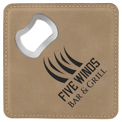 Square Light Brown Laser Engraved Leatherette Bottle Opener Coaster (4" x 4")