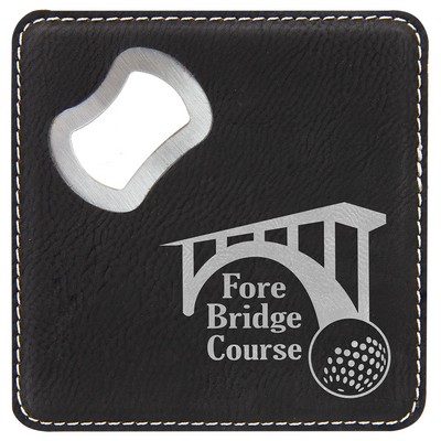 Square Black/Silver Laser Engraved Leatherette Coaster with Bottle Opener (4" x 4")