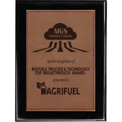 Ebony Piano Finish Plaque with Dark Brown Faux Leather Plate, 8 x 10"