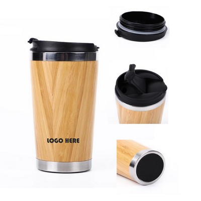 15.5Oz Stainless Steel Bamboo Travel Mug With Spill Proof Lid