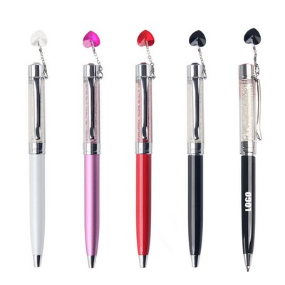 Crystal Bling Plated Metal Color Pen With Heart Pendant