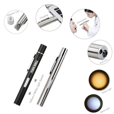Dual LED Flashlight Pen Shaped With White And Yellow Lights
