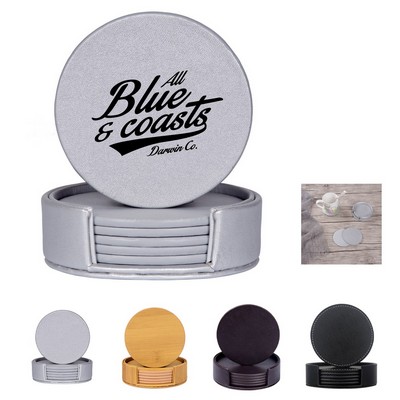 Leather 4 Round Coaster Set with Holder