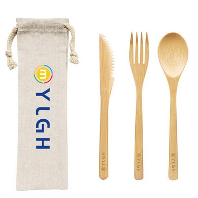 3 In 1 Elegant Bamboo Cutlery Set With Pouch