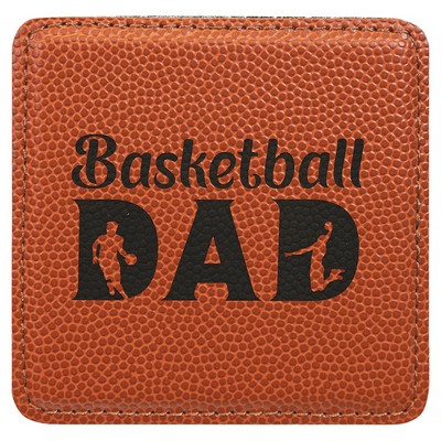 Square Coaster, Basketball Orange Faux Leather, Engraved, 4x4"