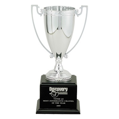 12" Trophy with 8 1/4" Silver Cup on Black Wood Base