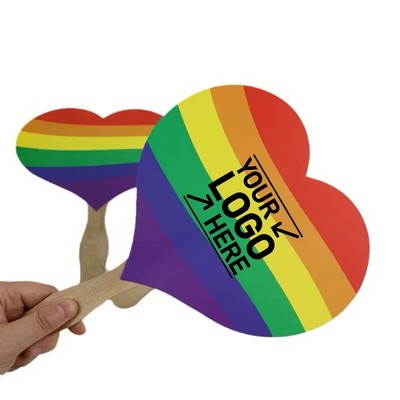 Custom Heart Rainbow Paper Fans With Wooden Handles