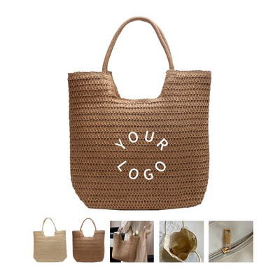 Straw Polyester Beach Tote Bag With Zippered Lining
