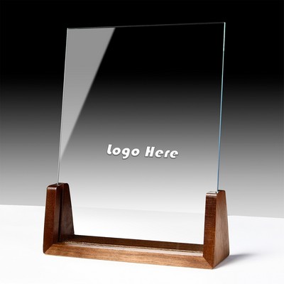 Custom Engraved Crystal Glass Award Plaque on Wooden Stand