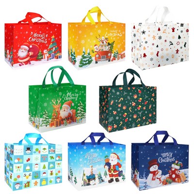 Large Capacity Christmas Themed Laminated Non Woven Tote Bag With Gusset And Heat Pressed Handles