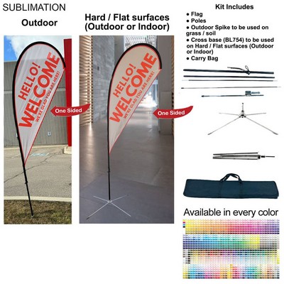 9' Small Tear Drop Flag Kit, Full Color Graphics One Side, Outdoor Use Spike base, Indoor Cross Base
