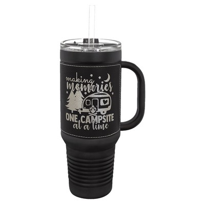 Polar Camel 40 oz. Black with Black/Silver Laserable Leatherette Travel Mug with a Handle & Straw
