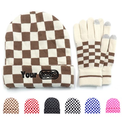 Checkered Knit Beanie Hat With Matching Gloves