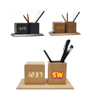 Wooden Multifunctional Pen Holder Alarm Clock