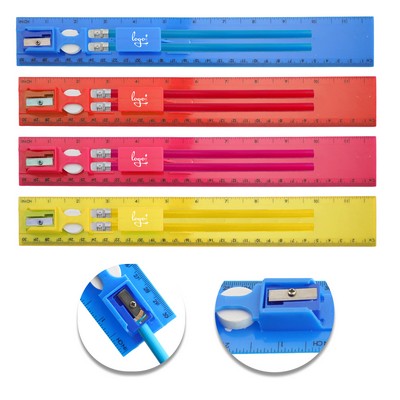 12-Inch Multi-functional Pencil and Eraser Ruler Set with Sharpener