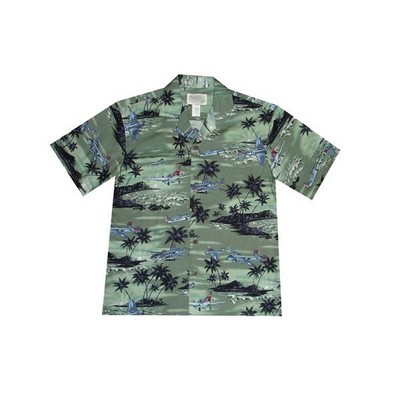 Green Hawaiian Tropical Military Print Shirt / Airplanes - Circa WWII